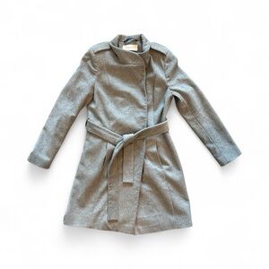 T Tahiri Wool Blend Gray Midi Belted Peplum Hidden Button Trench Coat Size 8